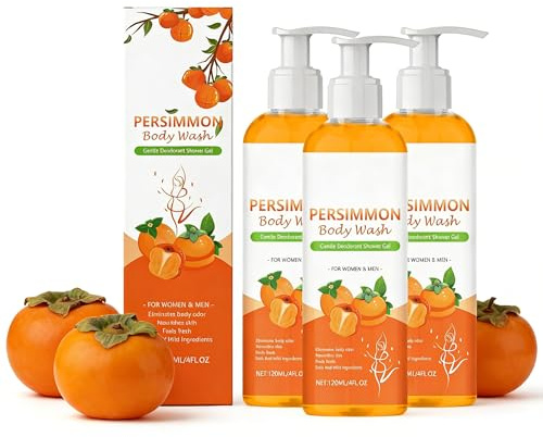 Persimmon Naturlig Kaki duschgel, kaki-tvål för lukten människor, effektiv deodorisering, långvarig doft, slät hud och rikt skum, 120 ml, för alla hudtyper (3 st)