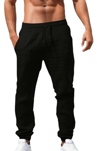 Générique Pantalon Lin Homme Décontracté Grande Taille Ete Leger Été en Elastique D'été Boulanger Léger Élégant Fluide Uni Linen Pants Men Chic 100% Toilepantalon Noir Homme