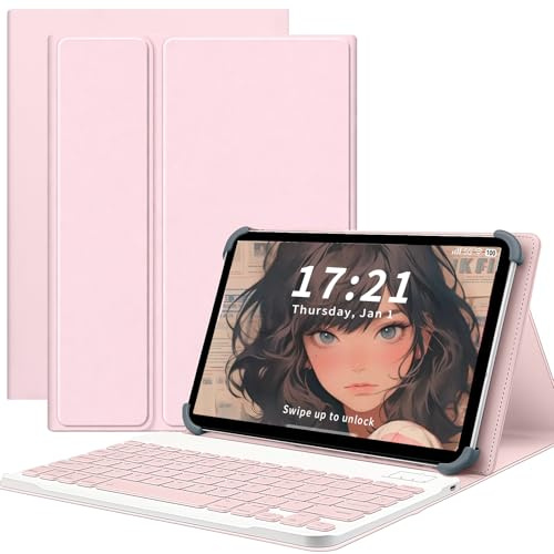 Vizbloc Funda para tablet ZZB ZB10 de 10 pulgadas con teclado desmontable, 2 en 1, piel sintética, a prueba de golpes, con soporte ajustable para estudiantes y uso en la oficina (rosa rubor, ZZB ZB10)