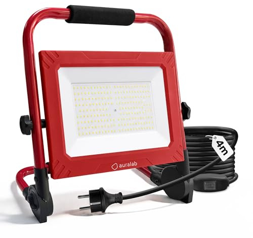 auralab Foco LED Trabajo 200W con Interruptor, 20000LM Foco de Obra Portátil con Cable de 4m, Proyector Impermeable IP65 con Soporte, Luz de Obra 6500K para Garaje, Taller, Camping