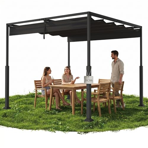 QEENTOE Schiebepergola 3x3 m, Freistehendes Terrassendach aus Stahl & Polyester, Wasserdicht Winterfest, Robuste Metallsäulen Sonnenschutz für Terrasse Garten Schwarz