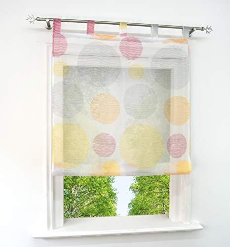 Raffrollo mit Kreis-Motiven Druck Design Rollos Voile Transparent Vorhang (BxH 100x140cm, Gelb/Rosa mit Schlaufen)
