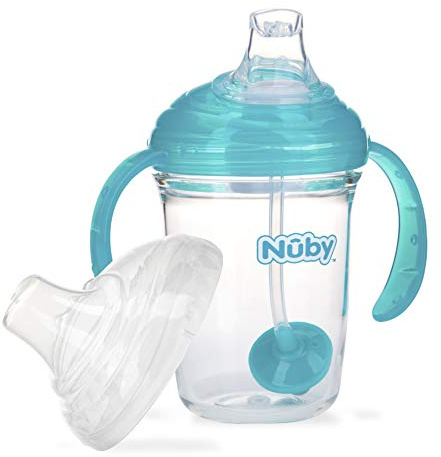 Nuby No Spill 360 Weighted Straw Grip N' Sip Tritan Cup with Hygienic Cover, 8 Oz, Trainer Cup, Teal