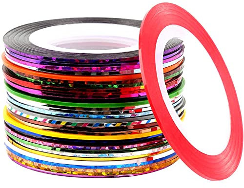 TEEROVA 32 Mixed Colors Nail Striping Tape Line with 2 Pieces Nail Tape Dispensers, Nail Art Decoration Sticker DIY Nail Tip
