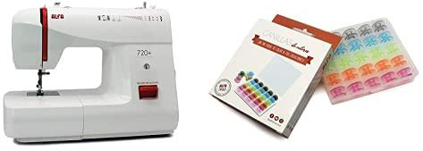 Alfa Basic 720 Máquina de coser, 9 diseños de puntada, motor de 70 W, color blanco + 6050-Caja 25 canillas Colores, Multicolor