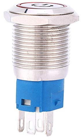 Pulsante interruttore in metallo, pulsante in metallo a ripristino automatico Anello interruttore sorgente luminosa a LED rosso da 16 mm con simbolo di alimentazione(12V)