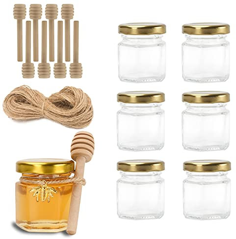 Rormket 1.5oz 6Pack Mini Glass Hexagon Jars Gold Lids, Bee Charms Honeybee Pendant, Honey Dipper Sticks, Jute Tag String，Wedding Baby Show Thank You Party Favors Gifts, Crafts Canning Glasses Jar