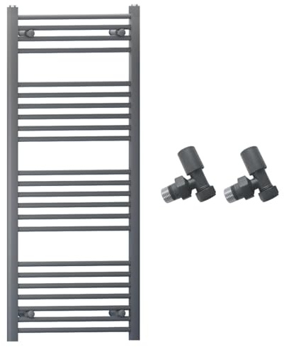 550mm Wide Straight Anthracite Grey Heated Bathroom Towel Rail Radiator with Angled Valves for Central Heating UK 550 x 1200 mm (h) 624 Watt