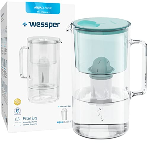 Wessper Jarra Filtradora De Vidrio Con 1 Cartucho De Filtro, Compatible Con El Filtro Brita Classic, Reduce La Cal, El Cloro Y Los Microplásticos, 3 Litros, Menta