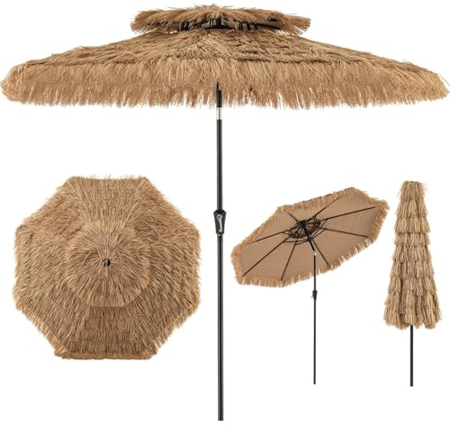 COSTWAY Parasol de Jardin Exterieur Ø 286 cm, Parasol Plage Solaire en 9 Couches Paille PE, 35° Inclinaison et Manivelle, Double Toit, 8 Baleines, Style Hawaïen pour Jardin Plage Piscine