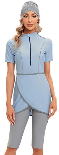 Odizli Damen Muslim Bademode Modest Tankini Islamisch Kurzärm Schwimmoberteile+Schwimmhose+Hijab 3tlg Ganzkörper Schwimmanzug