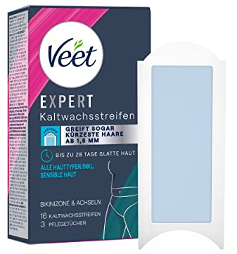 Veet Expert Kaltwachsstreifen Bikinizone & Achseln - Wachsstreifen zur Haarentfernung für alle Hauttypen inkl. sensibler Haut - 8 Doppelstreifen = 16 Streifen