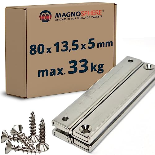 Neodym Magnet zum Anschrauben extra stark - 33 kg - mit Senkbohrung - 4 Stück - Starke Quader-Magnete 80mm lang mit 2x Loch/Bohrung und Senkung für Büro Haushalt Werkstatt (inkl. 8 Schrauben)