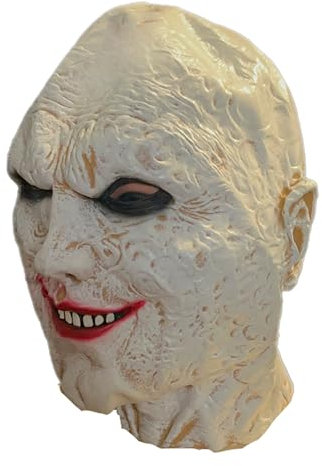 eBoutik – Adult Spooky Joke Halloween Latex Realistic Costume Outfit - Creepy Human Man Slit Smile Scary Killer Clown Silicone Full Cover Head Face Mask Cosplay or Fancy Dress - Wrinkled Horror Face