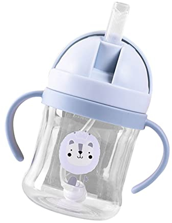 CHICIRIS 250 Ml Gewichteter Strohhalm-Schnabelbecher mit Tiermuster, Auslaufsicherer Klappbecher mit Säuglingsgriff für Kinder, Blau