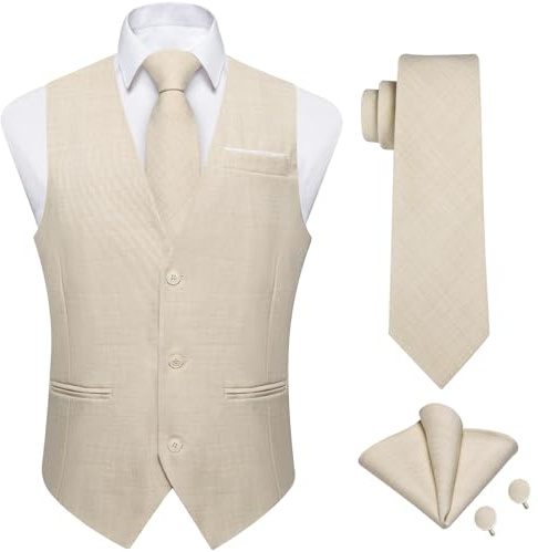 DiBanGu Herren-Anzugweste, Leinen, einfarbig, Weste für Herren, Hochzeit, Freizeit, Krawatte, Einstecktuch, Manschettenknöpfe, Größe S-3XL, 4 Stück, Elfenbein, Medium