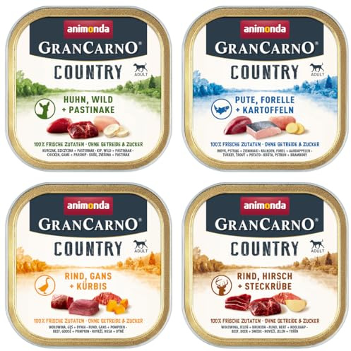 Animonda GranCarno Country 150g (Bundle) | 12 oder 24 Schalen-Mix mit garantiert 4 verschiedenen Sorten | getreidefreies Nassfutter für Hunde (12x 150g)