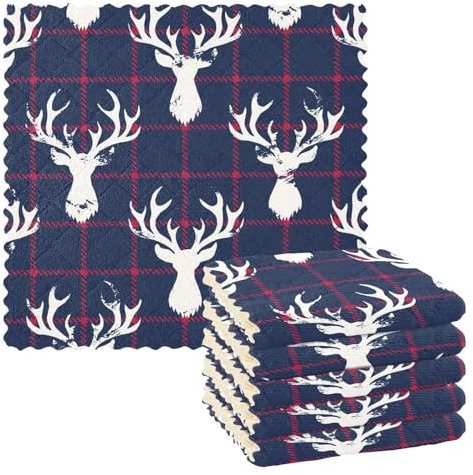 Mnsruu Microfibre Cleaning Cloths Buffalo Plaid Christmas Elk Reindeer Reusable Dish Cloths for Washing Up 6 Pack Swedish Dishcloth Microfibre Cleaning Towels Washable Duster Rags Cloth Home