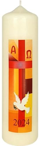 Wiedemann Osterkerze Kreuz Orange/Rot mit Taube und A und O mit aktueller Jahreszahl 220 x Ø 60 mm