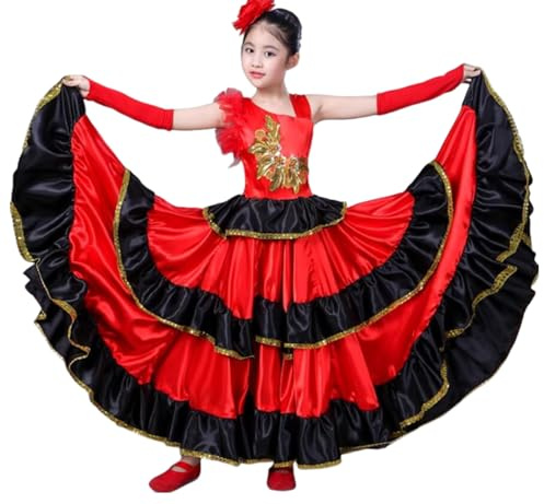 EFLALYHG Rotes Bauchtanzkleid für Mädchen, Flamenco-Röcke, spanisches Tanzkleid für Mädchen, Party, Tänzerin, Kostüm,360°,140
