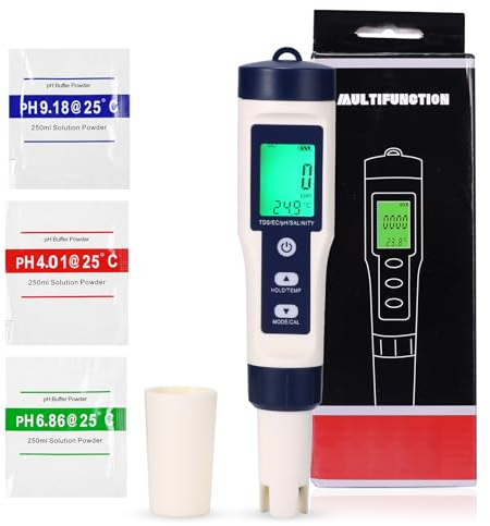 SUNJULY PH Messgerät, 5 in 1 LCD Digital Wasserqualität Tester mit Hintergrundbeleuchtung, TDS/PH/EC/Salzgehalt/Temperatur Wasser Tester für Trinkwasser, Pool, Aquarium, Spa, Schwimmbad, Teich