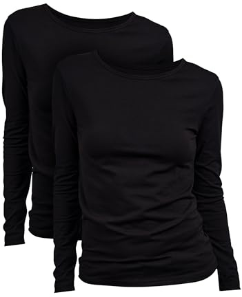 Basic Treasure 2 Camisetas Mujer Manga Larga 95% Algodón, Negro, S