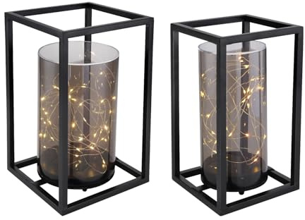 meineWunschleuchte 2er Set Solarlaternen mit Rauchfarbigem Zylinder & Metallkäfig, Höhe 25 & 28cm