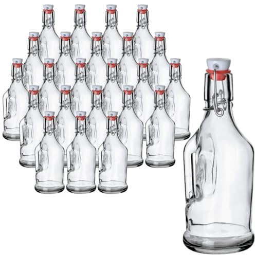 gouveo 12er Set Bügelflaschen 350 ml (0,35 l) Glasflasche 350 ml mit Bügelverschluss und Henkel Bügelverschluss mit Dichtung, runde Glasflaschen zum Befüllen, Aufbewahren & Servieren (BF350H)