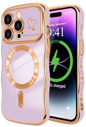 LCHULLE for iPhone 14 Pro Case for Women Girls [Compatible with MagSafe] Cute Curly Wave Shape, Magnetic Love Heart Pattern with Camera Lens Cover Luxury Plating Shockproof Phone Case,Light Purple | [Compatible with MagSafe] Cute Curly Wave Shape, Love Heart Pattern with Camera Lens Cover Luxury Plating Shockproof Case