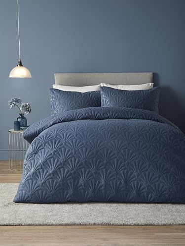 Serene - Dark Blue Floral Embroidery Duvet Cover - Double Bedding Size (200 x 200cm) - Luxury Bedding - Soft Touch - Pinsonic/Ultrasonic Pattern - Navy Blue Embossed Duvet - Cavili Collection