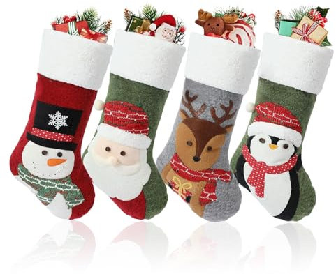 ATSGJLZN Nikolausstrumpf,4er Weihnachtsstrumpf 49 * 25cm,Nnikolausstiefel mit 3D Christmas Decorations Weihnachtssocken zum Aufhängen & Befüllen Weihnachtsdeko