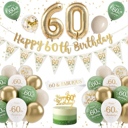 KISPATTI 60th Birthday Decorations, Green Gold Balloons, Banners, Sash, Cake Topper, Party Pack