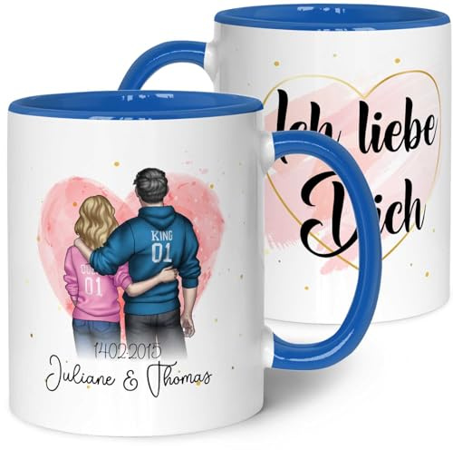 GRAVURZEILE Bedruckte Tasse mit Konfiguration - Paarmotiv zum selbst gestalten - Personalisierbares Geschenk für Paare & Partner - Geschenke für Sie & Ihn zum Valentinstag - Farbe: Blau