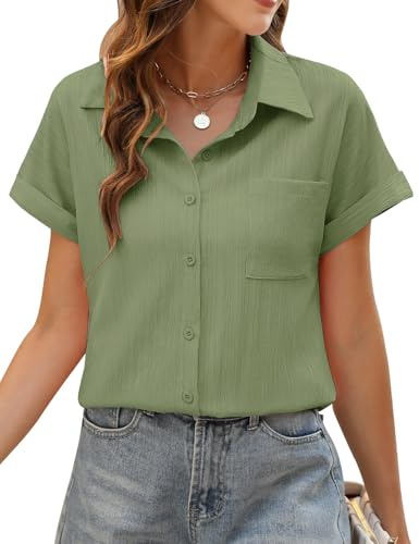 PASUDA Damblus sommartoppar kortärmad blus button-down t-shirt v-ringad elegant enfärgad arbete vardaglig dam toppar lös bas tunika toppar, gRÖN, XXL