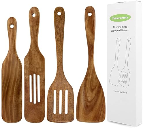 Holz Pfannenwender 4er Set, Geschlitzter Küchenhelfer Spatel, Groß Turner Antihaft Spülmaschinenfest zum Kochen