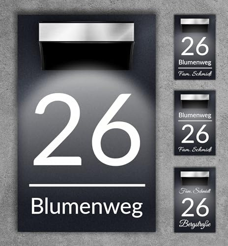 Premium Hausnummer beleuchtet mit LED Solar - RGB - inkl. 11 Farben | individuell anpassbar | Acrylglas Anthrazit Matt | Wetterfest H1027