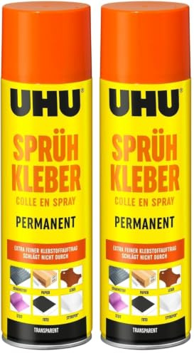 UHU Sprühkleber Permanent und Transparent, Starker und schneller Sprühklebstoff für dauerhafte Verklebungen, 500 ml (Packung mit 2)