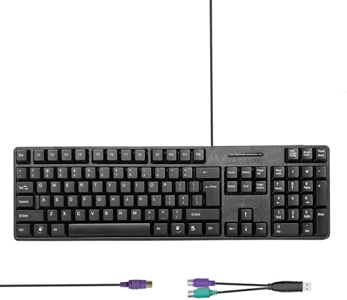 YORUNOHOSHI Wired PS2 104 Keys Computer Keyboard with PS2 to USB Adapter, Stands, Waterproof - US Layout Compatible for Windows, PC, Laptop, Black