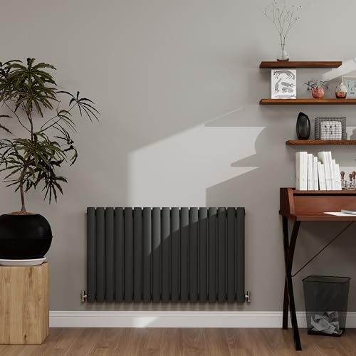 600×1003mm Anthracite Horizontal Oval Radiator 2620 BTU - Single Panel Modern Central Heating System for Bathroom, Kitchen & Living Room, Energy Efficient Designer Heater