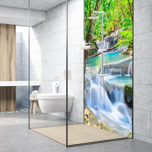 Dedeco Premium Bad Duschrückwand mit Motiv: Wasserfall V8, 90x200cm, UV-Lack matt, wasserfest, hochwertige fugenlose Wandverkleidung aus 3mm-Alu-Verbundplatte, Fliesenersatz ohne Bohren