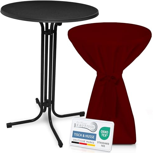 Beautissu Schwarzer Stehtisch klappbar mit Premium Stehtischhusse | 80cm rund Bordeaux wetterbeständig Outdoor Bistrotisch kratzfest UV-beständig Husse rutschfest waschbar Schleifenband Bellini