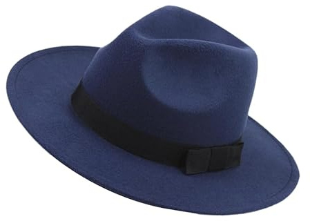 LIGIGWASH Sombrero Fedora De Lana Estructurada Unisex con ala Ancha para Hombre Y Mujer Sombrero De Jazz CláSico Azul Marino Gorra Transpirable Y Elegante para Ocasiones Especiales