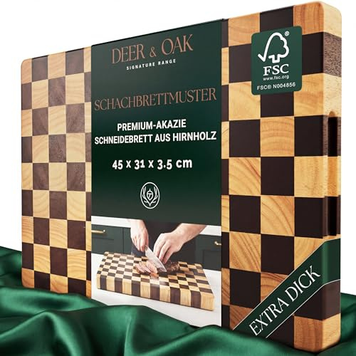 Deer & Oak End Grain Acacia Chopping Board with Checkerboard Pattern - 45 x 31 x 3.5 cm, FSC Certified Pre-Oiled Butcher's Block with Side Handles, Doubles as Charcuterie Serving Board