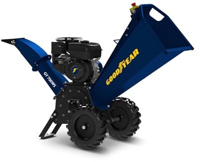 Goodyear - Biotrituradora de Gasolina con Motor 7hp (212cc), Trituradora de Ramas y Astilladora de Leña con Sistema de Rodillo, Diámetro de Corte 100mm, 2 Cuchillas Reversibles de Acero