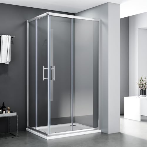 SONNI Eckeinstieg Duschkabine 100x76x185cm, Doppel-Schiebetür aus ESG-Glas | Modernes Gleitsystem mit Bodenrollen ermöglicht leises Öffnen. Edelstahl-H-Griff sorgt für sichere Bedienung.