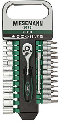 Steckschlüsselsatz 28tlg mit 1/4 Knarre, 8mm - 32mm Sechskant Bit Einsätze und Verlängerung 100mm aus Chrom-Vanadium Stahl mit Halter von WIESEMANN 1893 I 80102