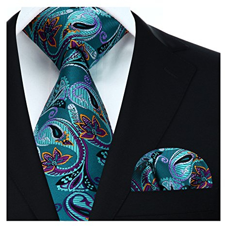 HISDERN - Corbata de cachemir con pañuelo para bolsillo a conjunto, para hombre, fiestas y bodas, Aguamarina y morado., Taille unique