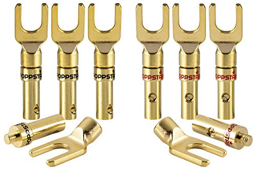 Poppstar 8X Kabelschuhe, Gabelstecker für elektrische Verbindung von Lautsprecherkabeln bis 4mm² Querschnitt, Stecker 24k vergoldet