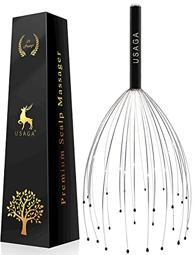 USAGA 28 Fingern Premium Kopfmassagegerät - Kopfmassage Spinne - Kopfhautmassagegerät mit 28 Fingern - Kopfkratzer für Entspannung von Kopf und Körpers (Schwarz)