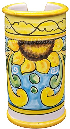 Sicilia Bedda - PORTABICCHIERI IN CERAMICA SICILIANA Realizzati interamente a Mano - Altezza 20 Cm (Fiore Azzurro)